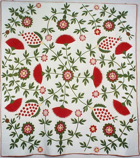 "Cockscomb, Rose Tree, and Pineapple" Quilt by Unknown maker, American, appliqued printed cotton